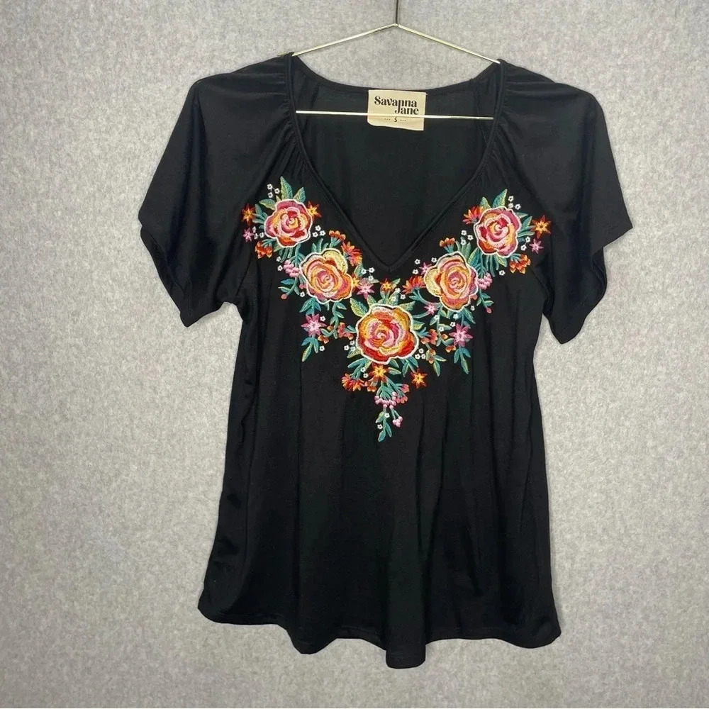 Savanna Jane Floral Embroidered V Neck Top